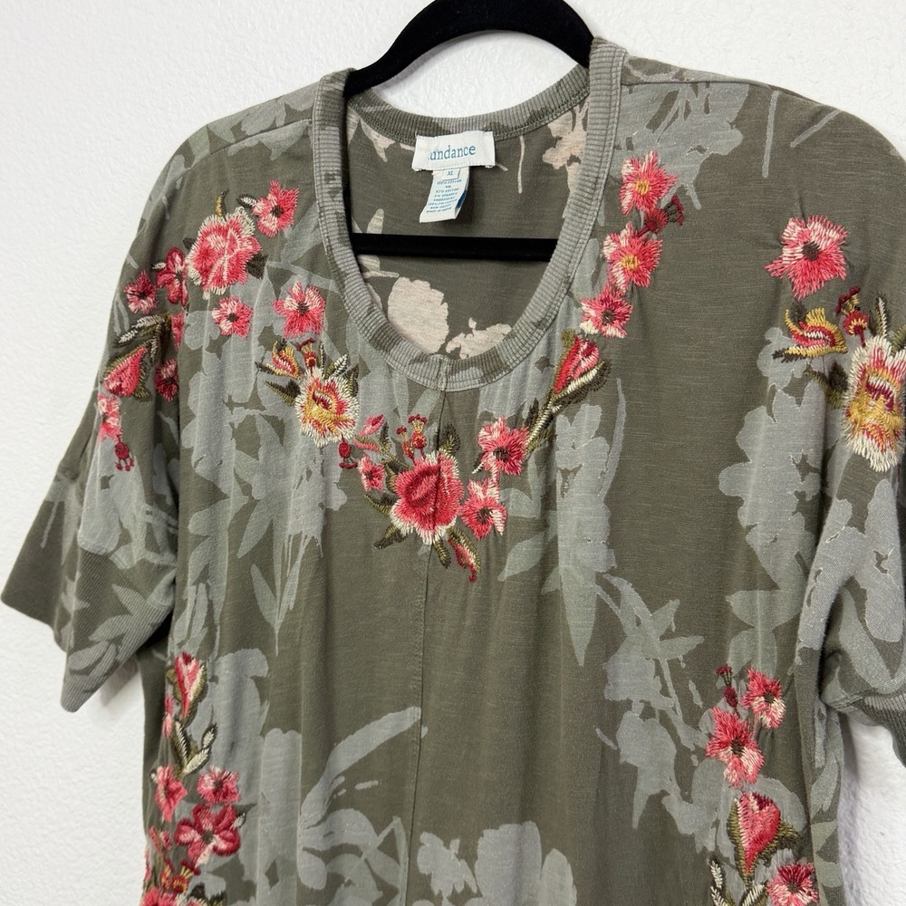 Sundance Embroidered Floral Tunic Top XL Olive Green Boho Cottagecore - Picture 4 of 15